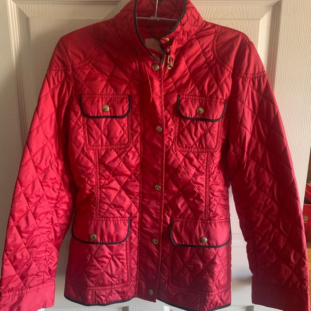 Red Quilted Jacket with Black Trim